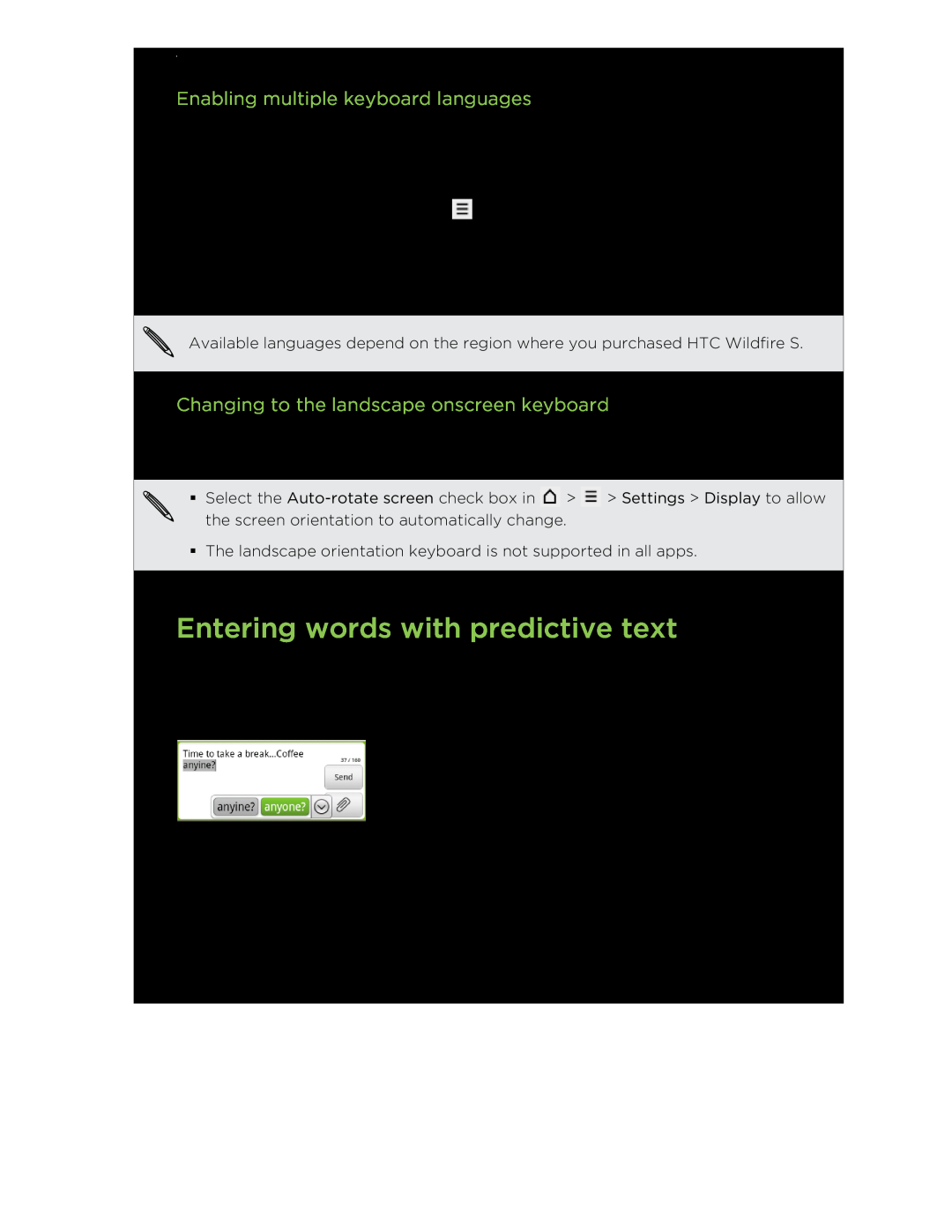 HTC S manual Entering words with predictive text, Enabling multiple keyboard languages 