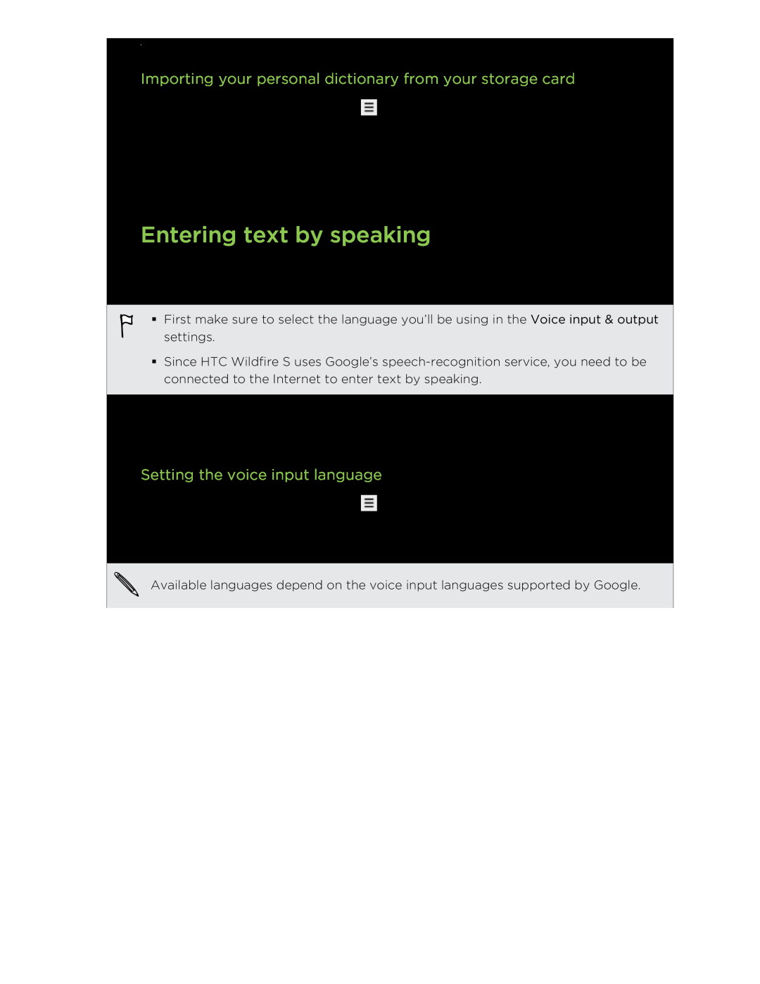 HTC S manual Entering text by speaking, Importing your personal dictionary from your storage card 