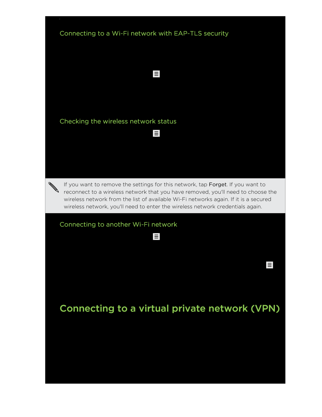 HTC manual Connecting to a virtual private network VPN, Connecting to a Wi-Fi network with EAP-TLS security 