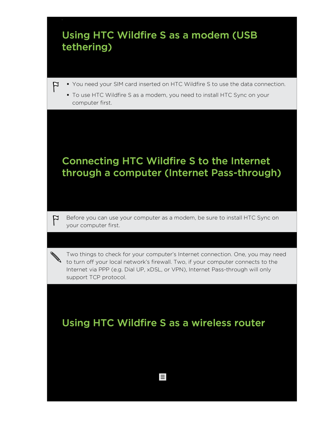 HTC Using HTC Wildfire S as a modem USB tethering, Using HTC Wildfire S as a wireless router, Internet connections 