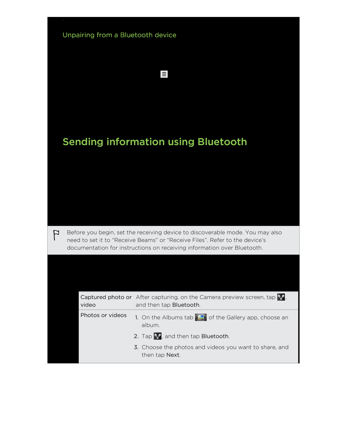 HTC manual Sending information using Bluetooth, Unpairing from a Bluetooth device 