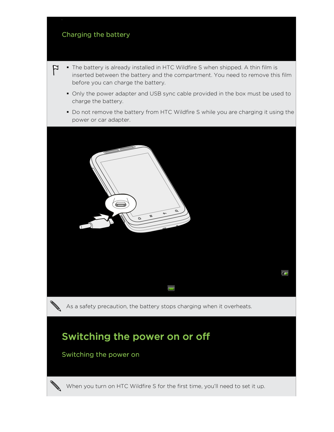 HTC manual Switching the power on or off, Charging the battery 