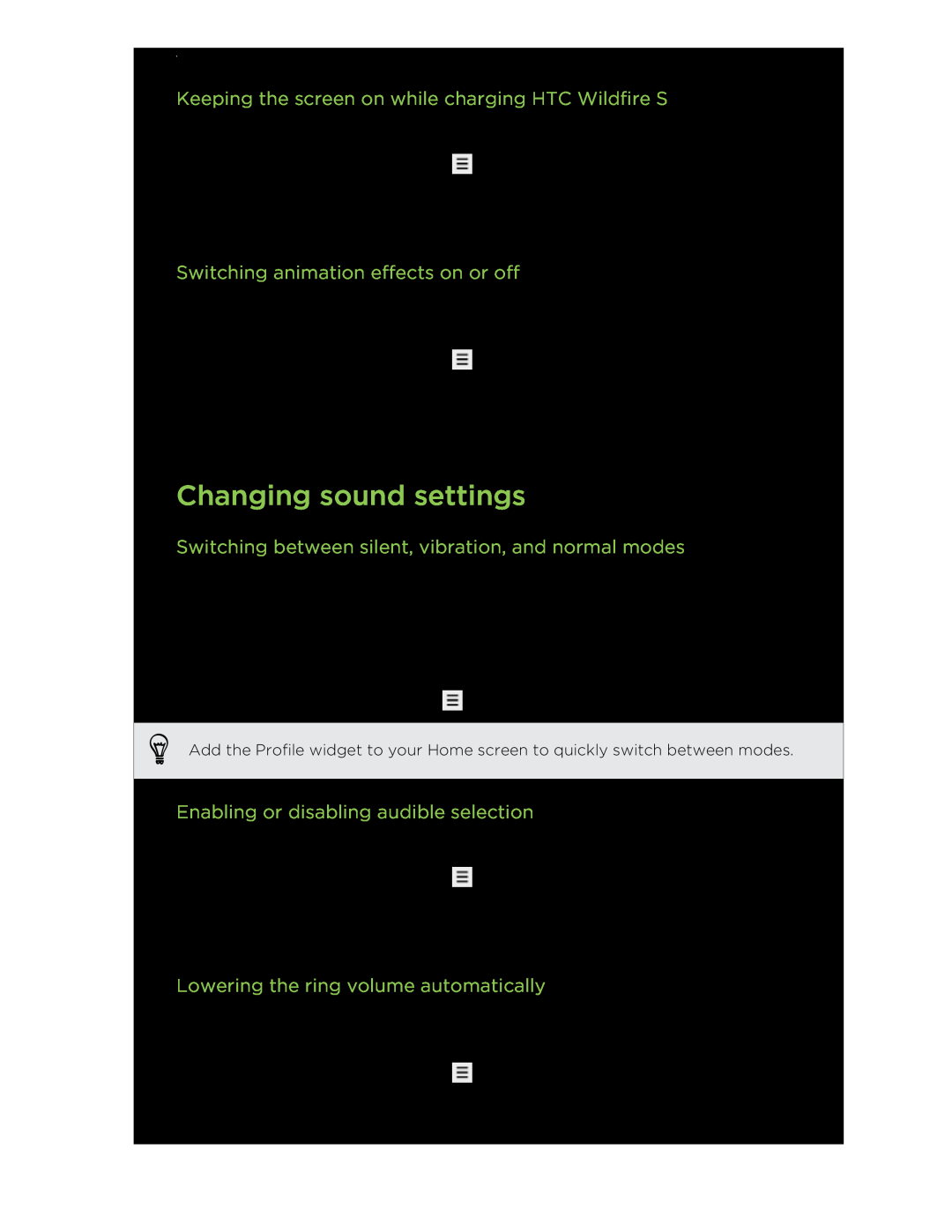 HTC Changing sound settings, Keeping the screen on while charging HTC Wildfire S, Switching animation effects on or off 