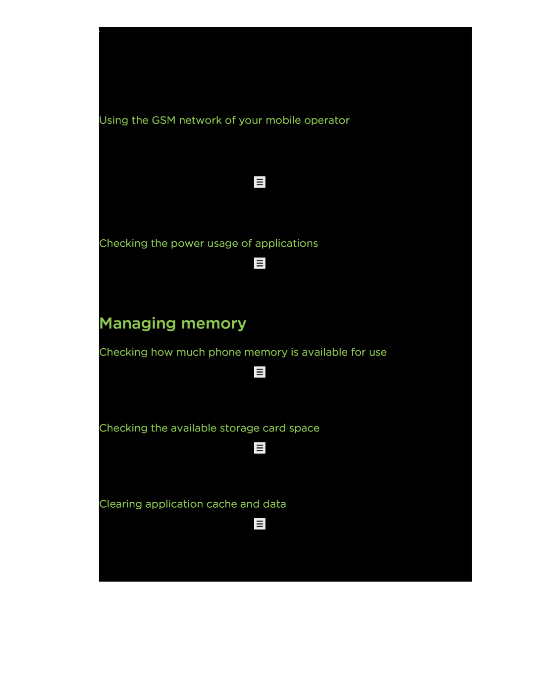 HTC manual Managing memory, Using the GSM network of your mobile operator, Checking the power usage of applications 