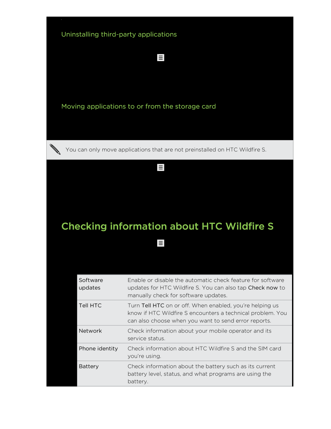 HTC manual Checking information about HTC Wildfire S, Uninstalling third-party applications 