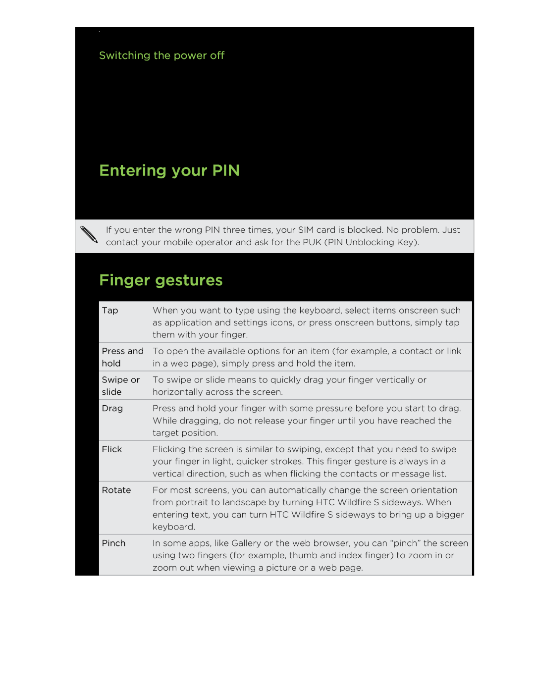 HTC manual Entering your PIN, Finger gestures, Switching the power off 