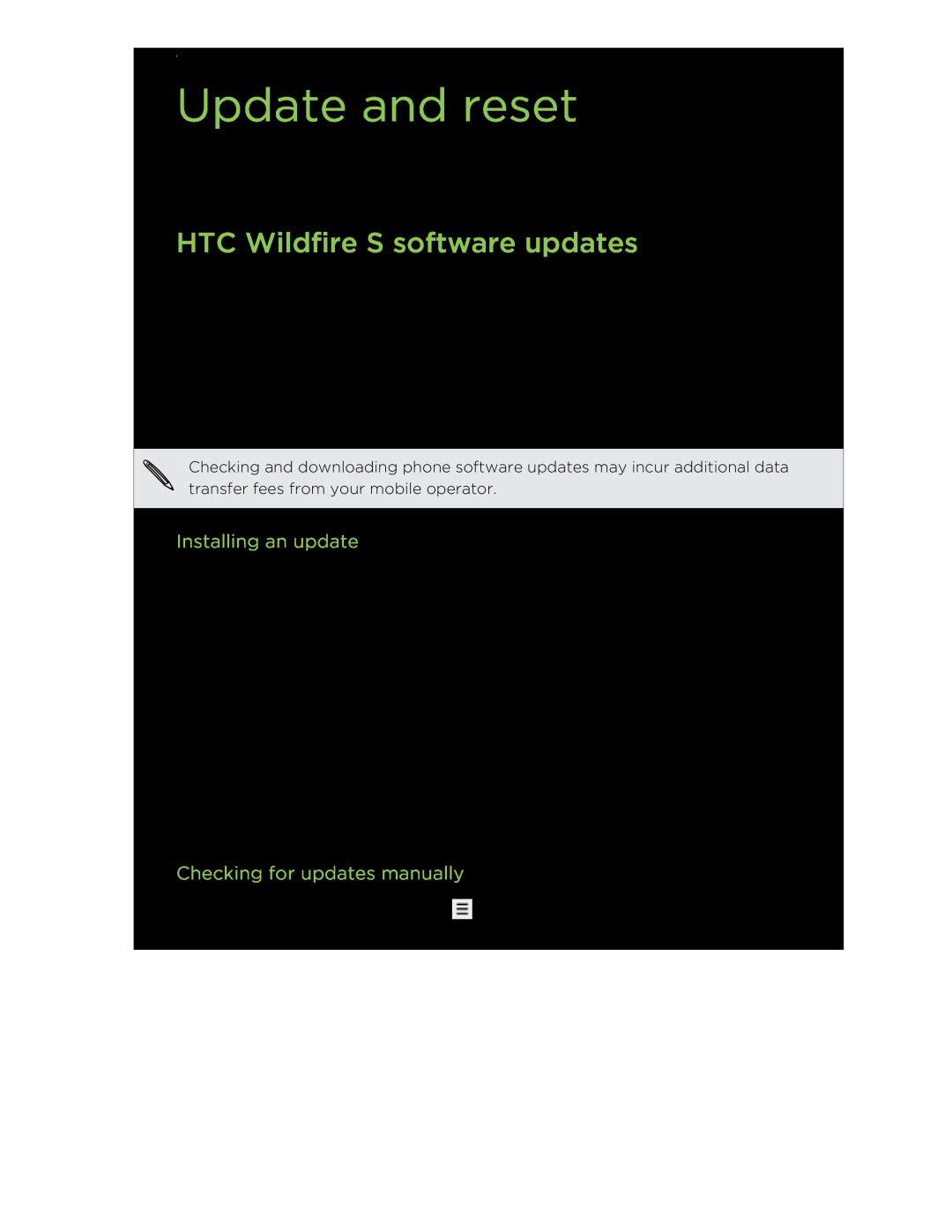 HTC Update and reset, HTC Wildfire S software updates, Installing an update, Checking for updates manually 