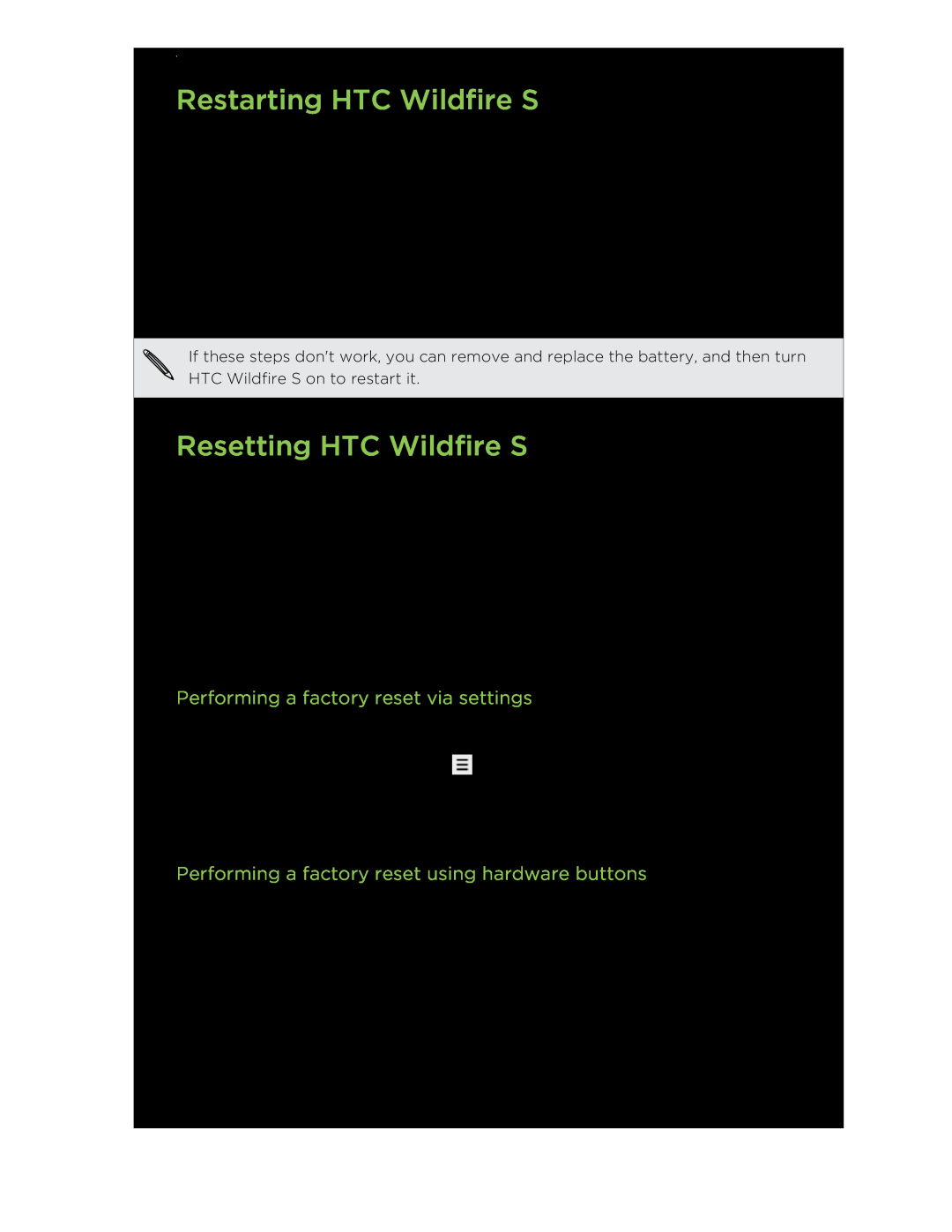 HTC manual Restarting HTC Wildfire S, Resetting HTC Wildfire S, Performing a factory reset via settings 