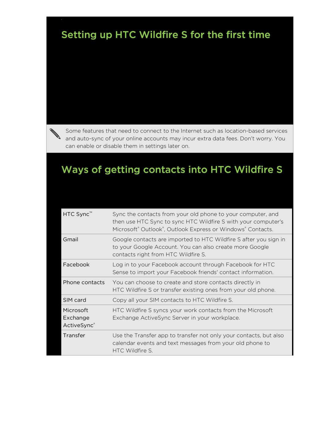 HTC manual Setting up HTC Wildfire S for the first time, Ways of getting contacts into HTC Wildfire S 