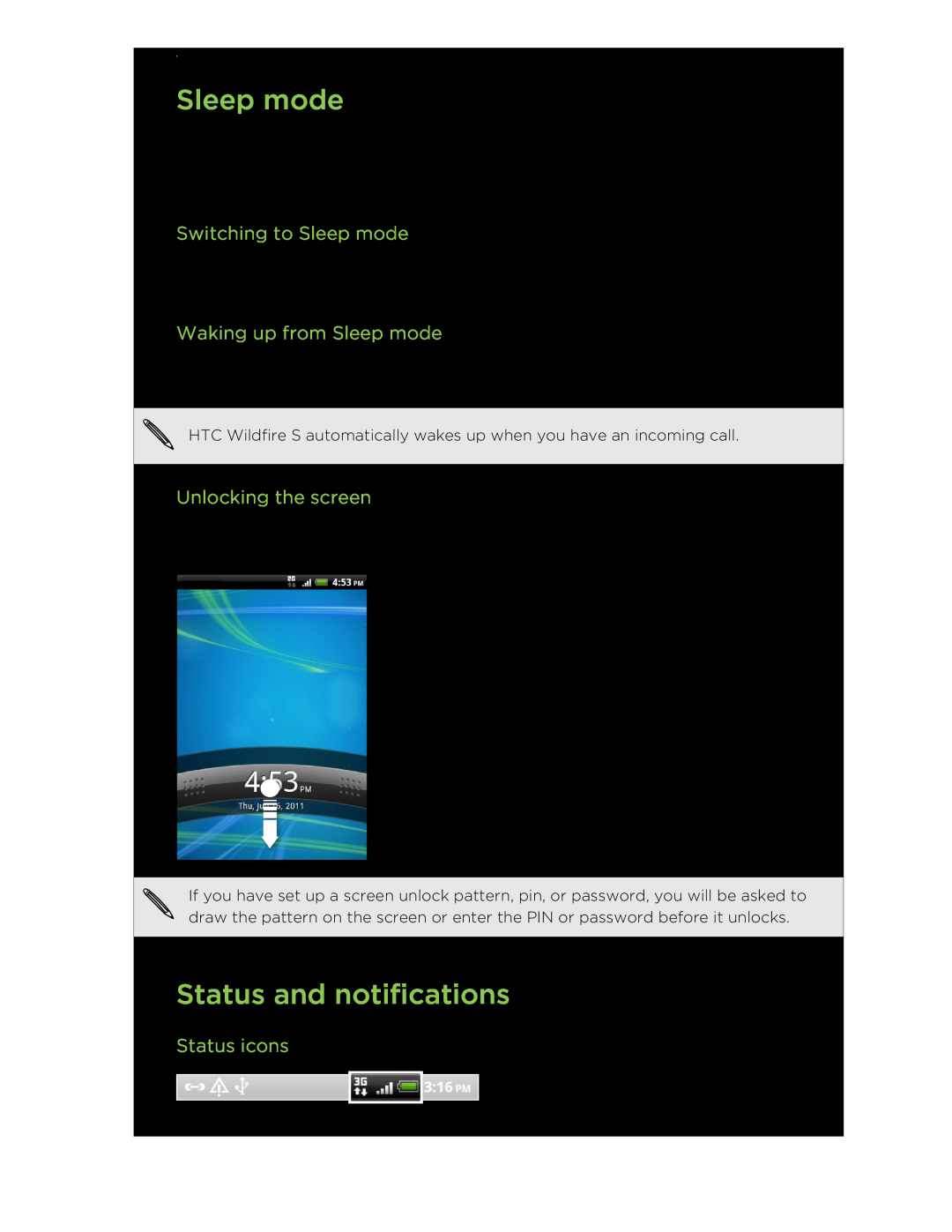 HTC manual Status and notifications, Switching to Sleep mode, Waking up from Sleep mode, Unlocking the screen 