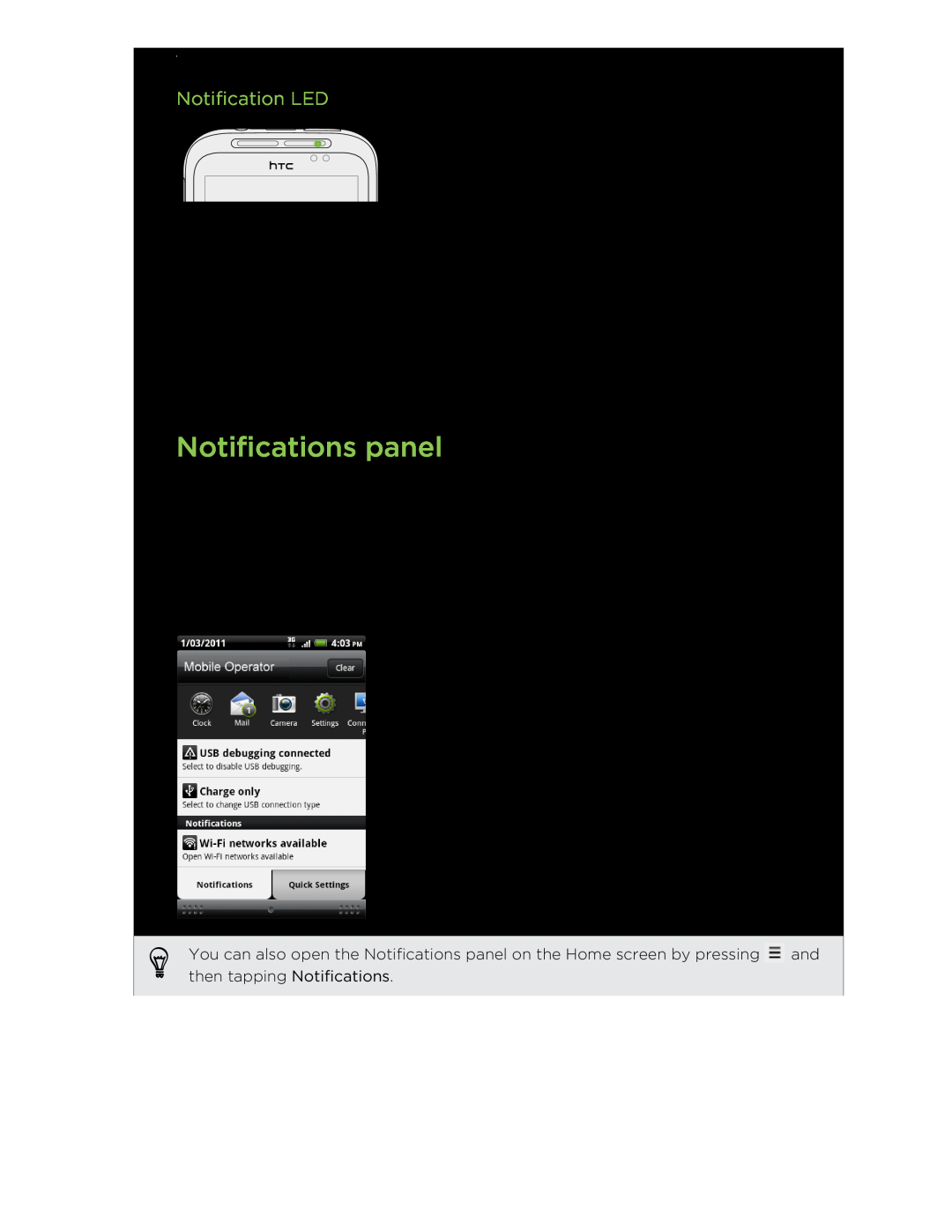 HTC S manual Notifications panel, Notification LED 