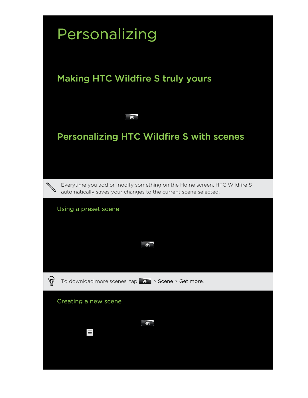 HTC manual Making HTC Wildfire S truly yours, Personalizing HTC Wildfire S with scenes, Using a preset scene 