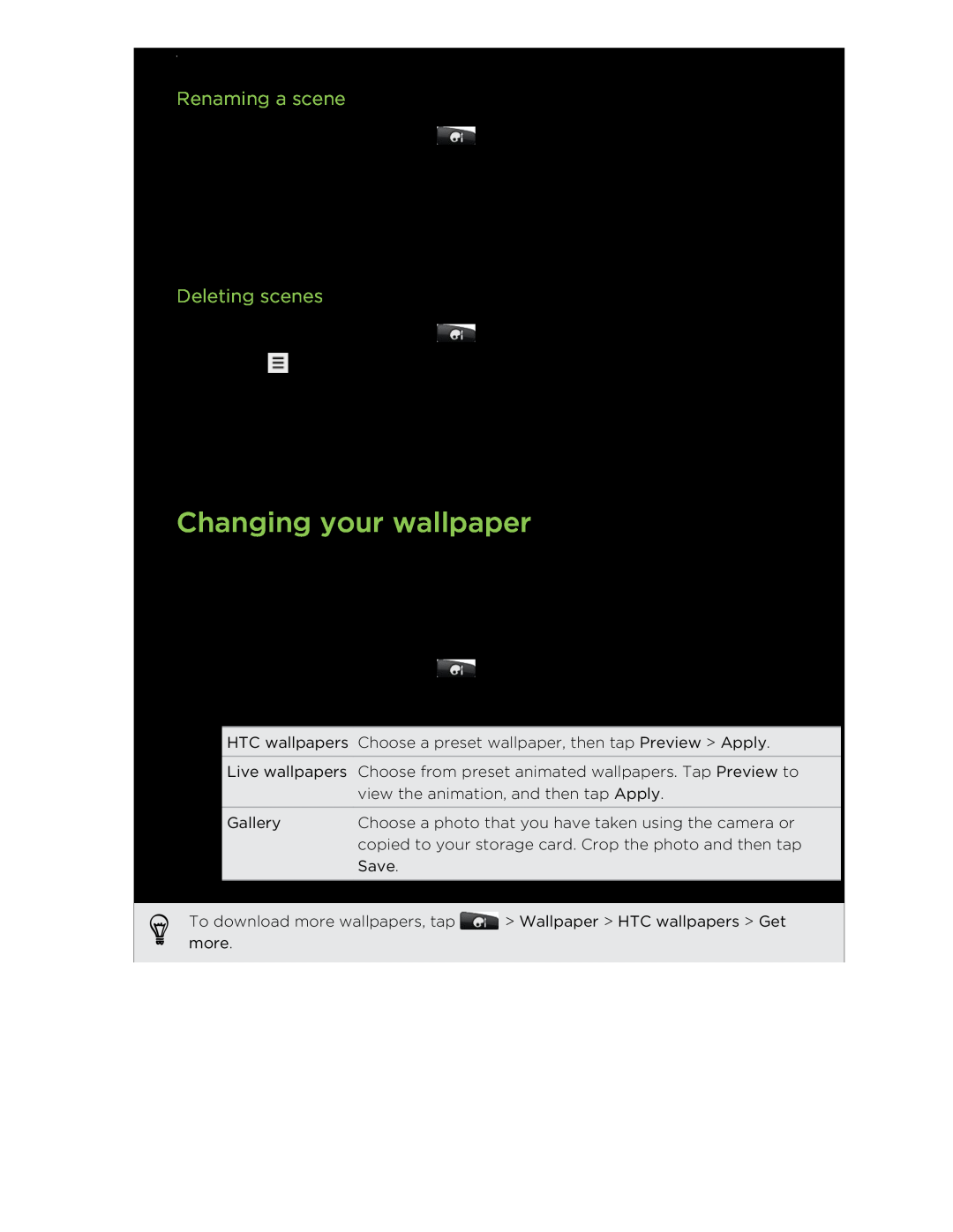 HTC S manual Changing your wallpaper, Renaming a scene, Deleting scenes 