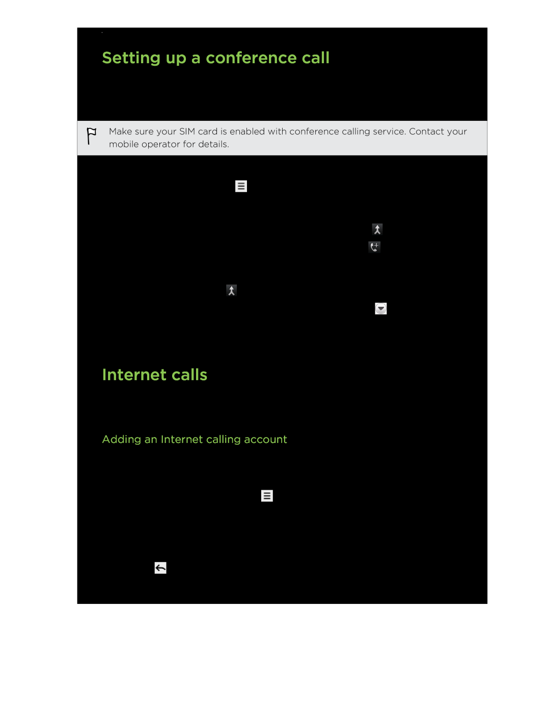 HTC manual Setting up a conference call, Internet calls, Adding an Internet calling account 