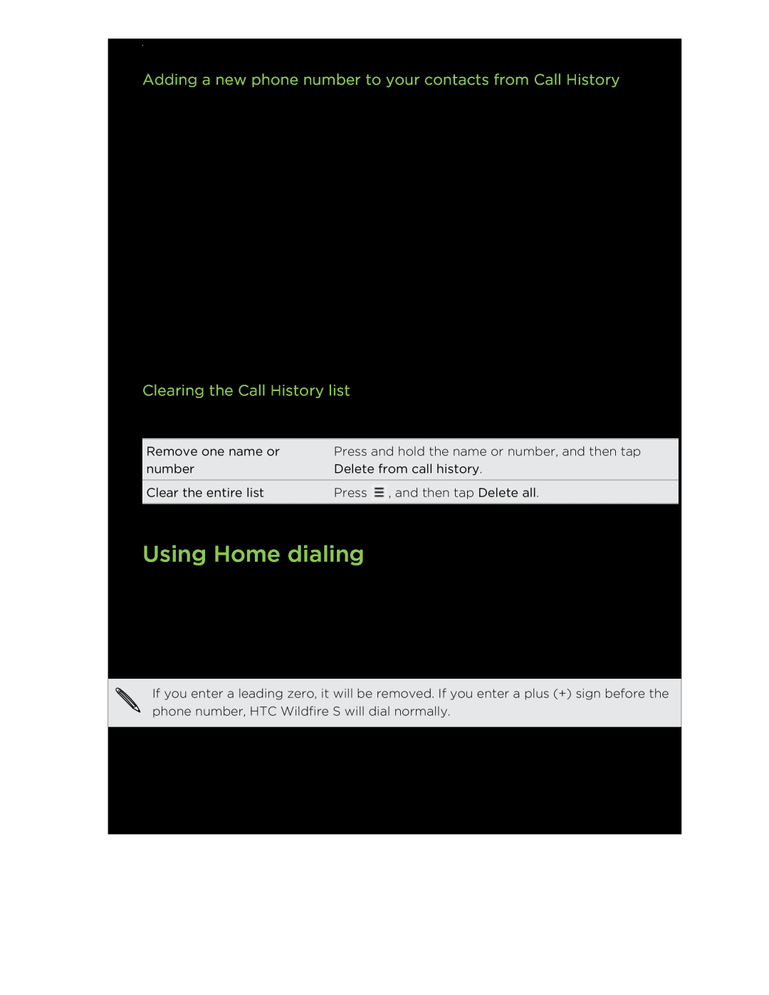 HTC S Using Home dialing, Adding a new phone number to your contacts from Call History, Clearing the Call History list 