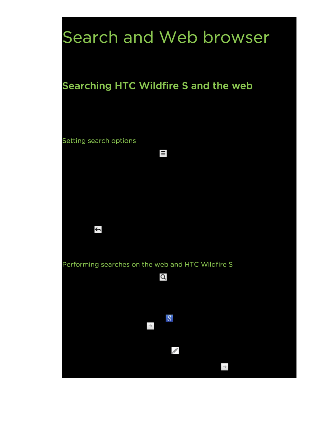 HTC manual Search and Web browser, Searching HTC Wildfire S and the web, Setting search options 