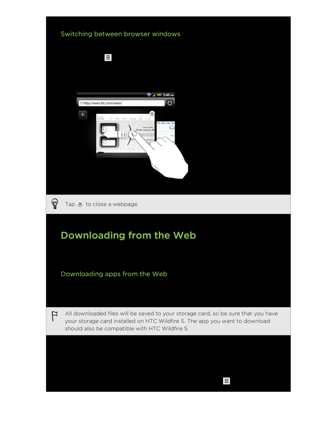 HTC manual Downloading from the Web, Switching between browser windows, Downloading apps from the Web 
