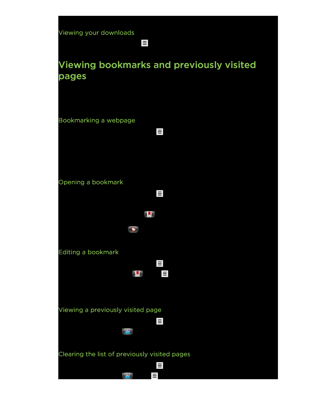 HTC S Viewing bookmarks and previously visited pages, Viewing your downloads, Bookmarking a webpage, Opening a bookmark 