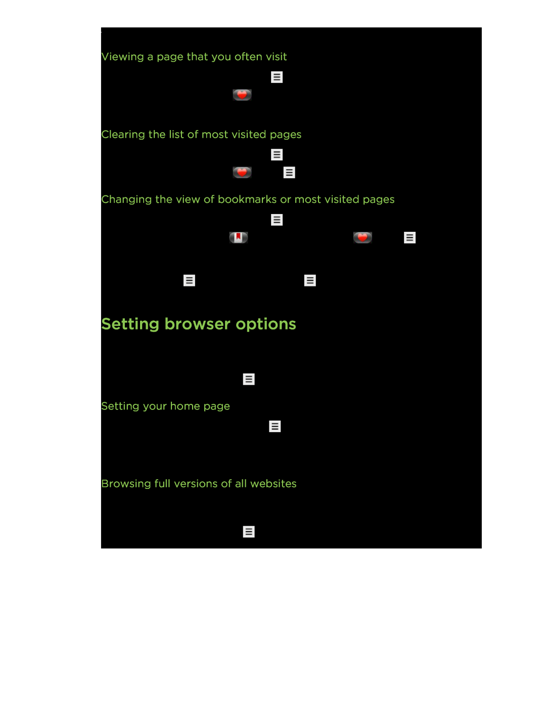 HTC manual Setting browser options, Viewing a page that you often visit, Clearing the list of most visited pages 