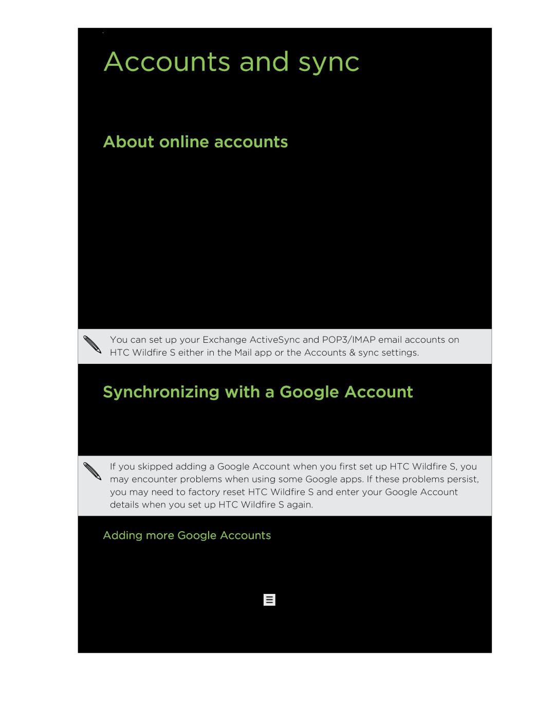 HTC manual Accounts and sync, About online accounts, Synchronizing with a Google Account, Adding more Google Accounts 