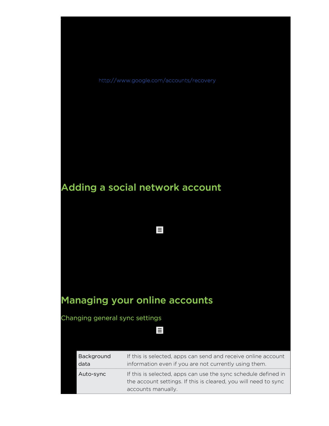 HTC S manual Adding a social network account, Managing your online accounts, Forgot your Google Account password? 