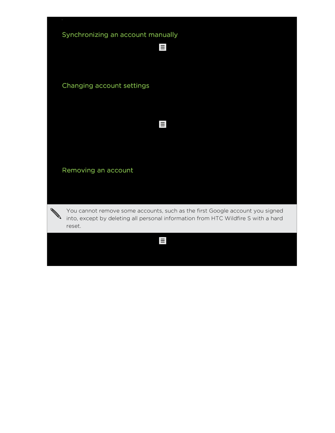 HTC Synchronizing an account manually, Changing account settings, Removing an account, Accounts and sync 
