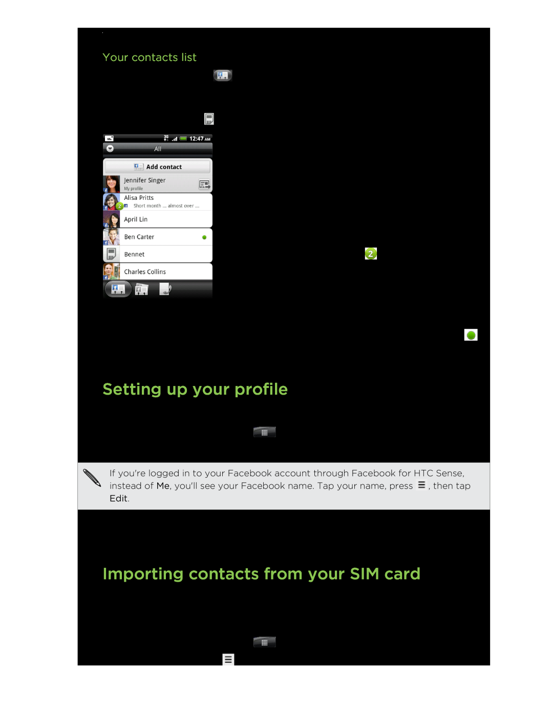 HTC manual Setting up your profile, Importing contacts from your SIM card, Your contacts list 
