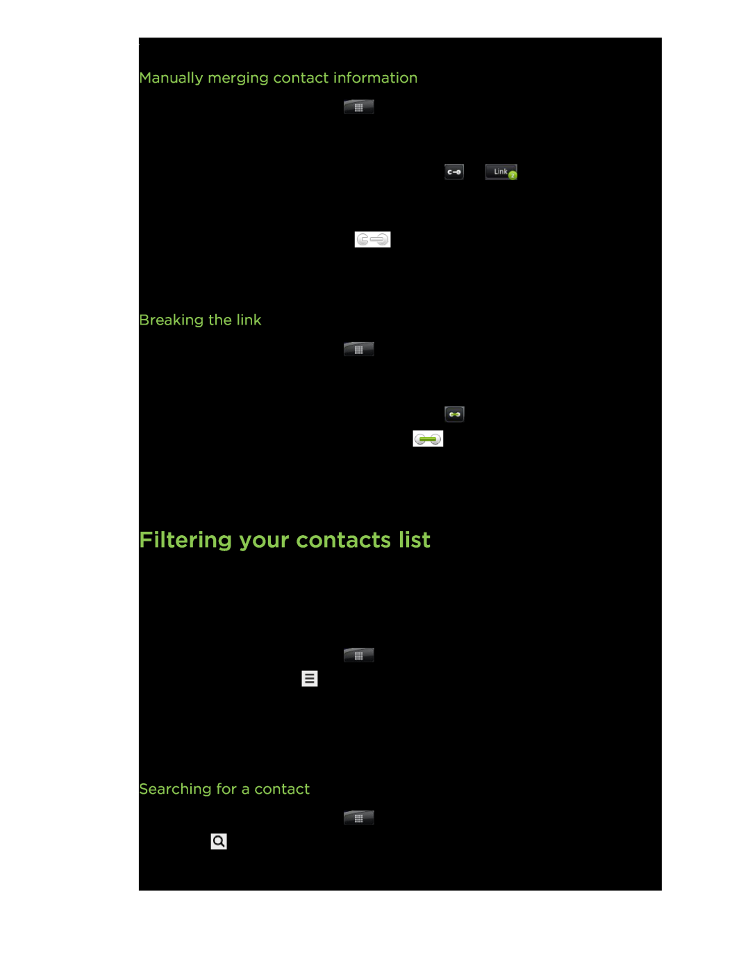 HTC Filtering your contacts list, Manually merging contact information, Breaking the link, Searching for a contact 