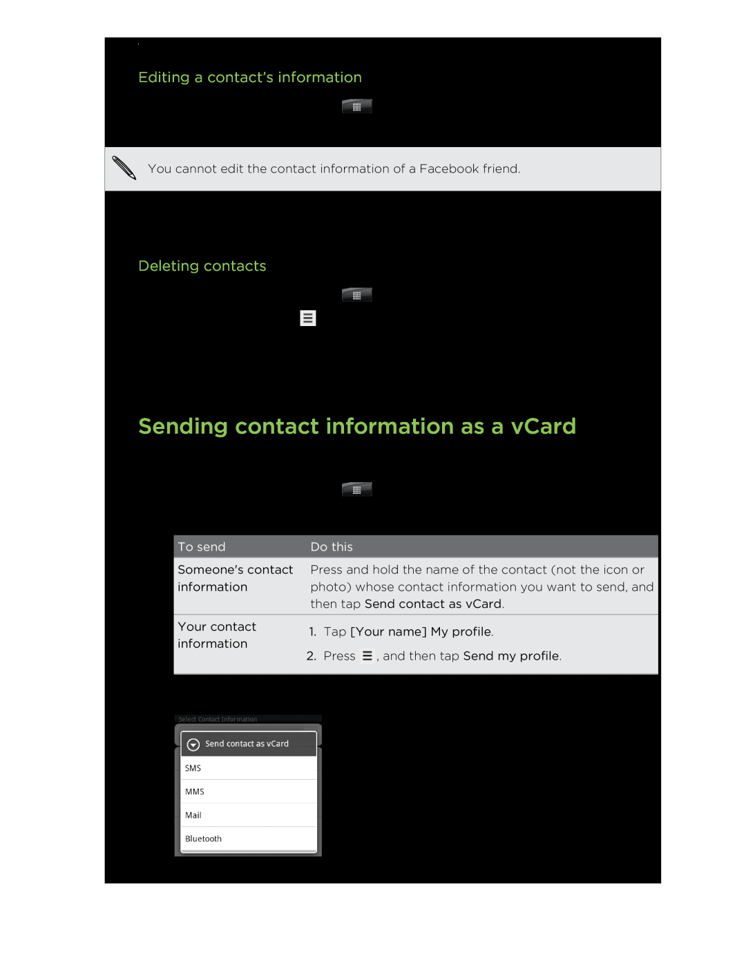 HTC manual Sending contact information as a vCard, Editing a contact’s information, Deleting contacts, To send, Do this 