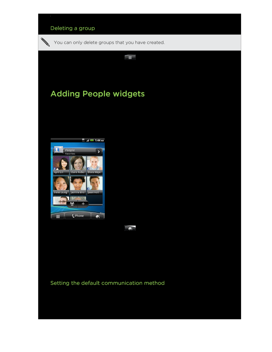 HTC manual Adding People widgets, Deleting a group, Setting the default communication method 