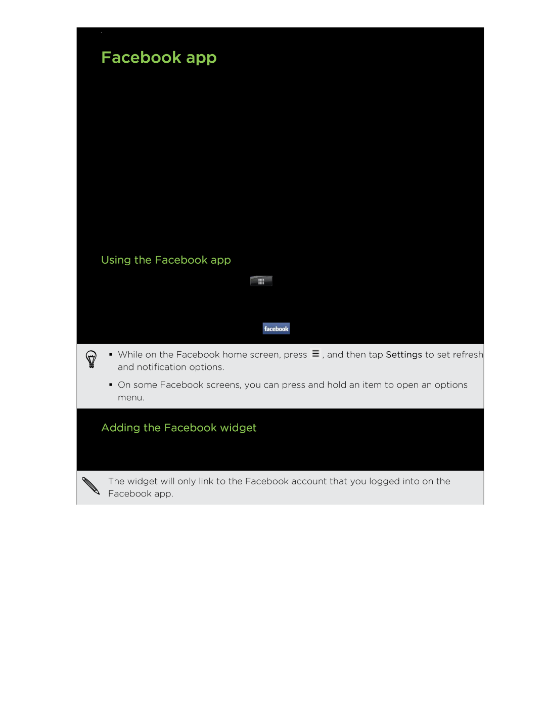 HTC S manual Using the Facebook app, Adding the Facebook widget 