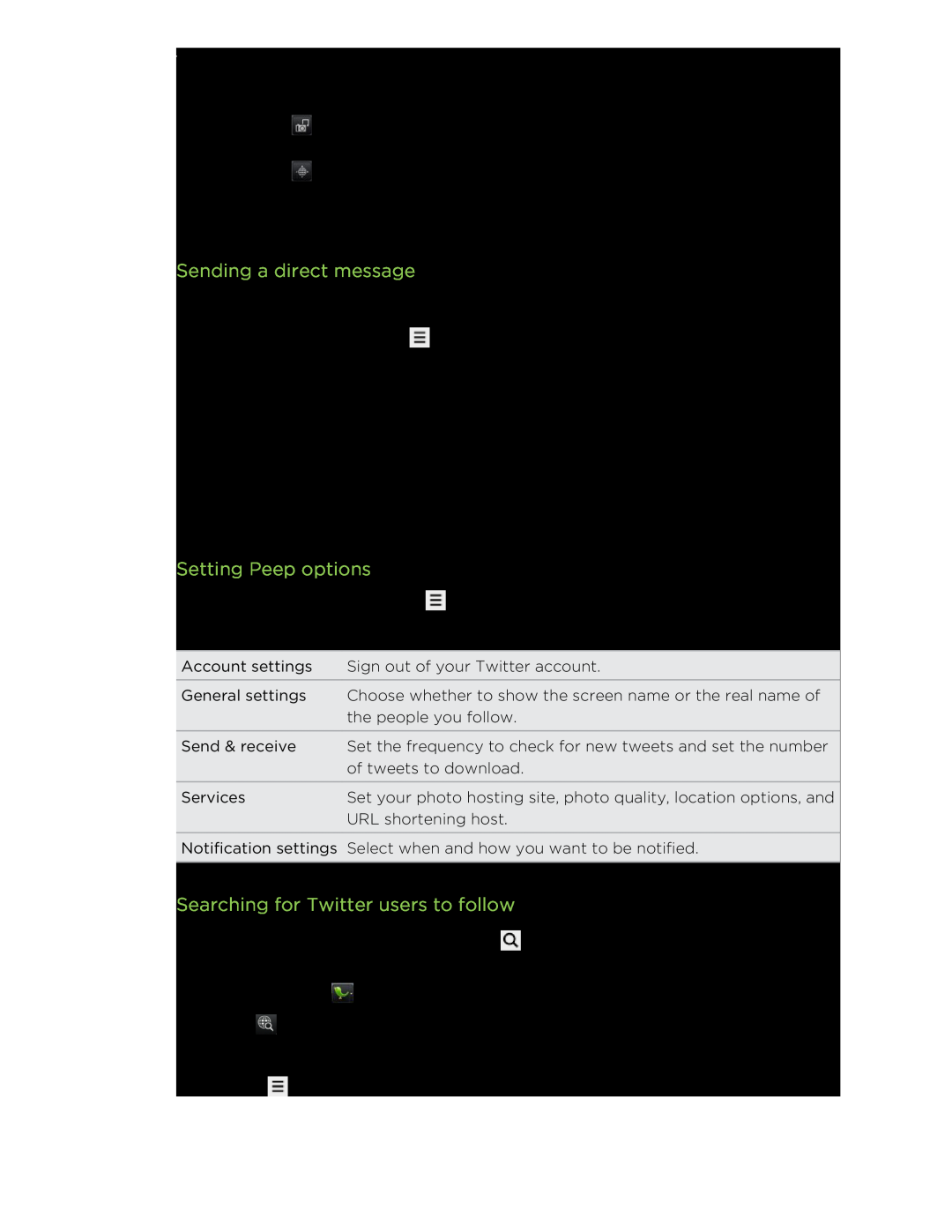 HTC manual Sending a direct message, Setting Peep options, Searching for Twitter users to follow 