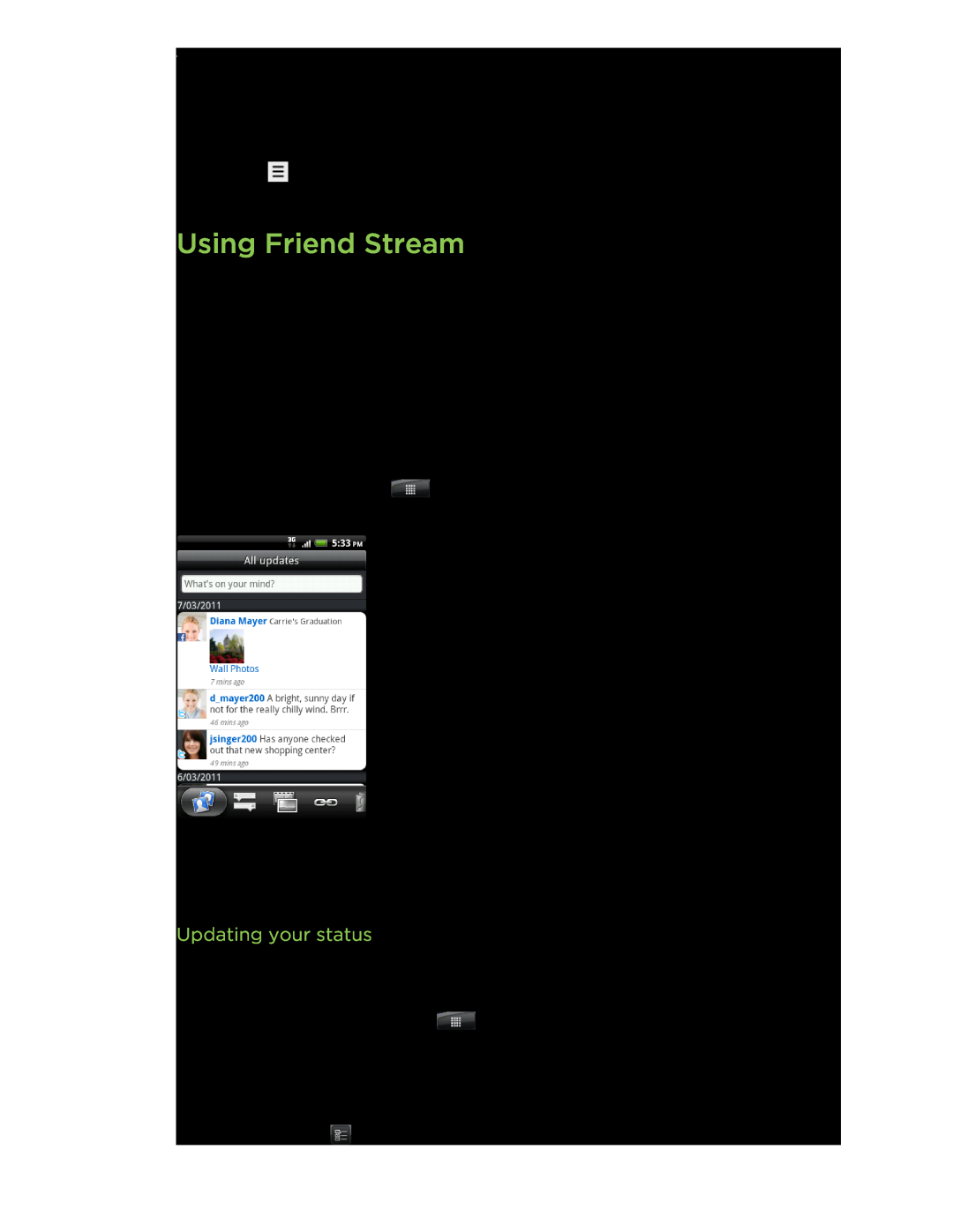 HTC manual Using Friend Stream, Updating your status 