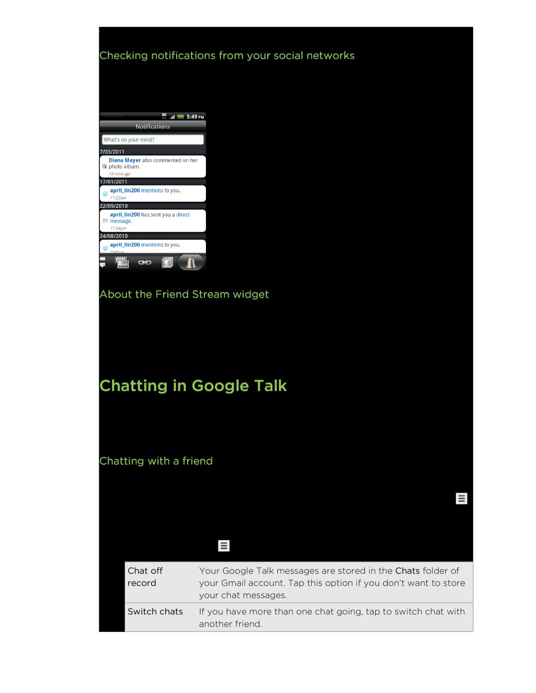 HTC manual Chatting in Google Talk, Checking notifications from your social networks, About the Friend Stream widget 