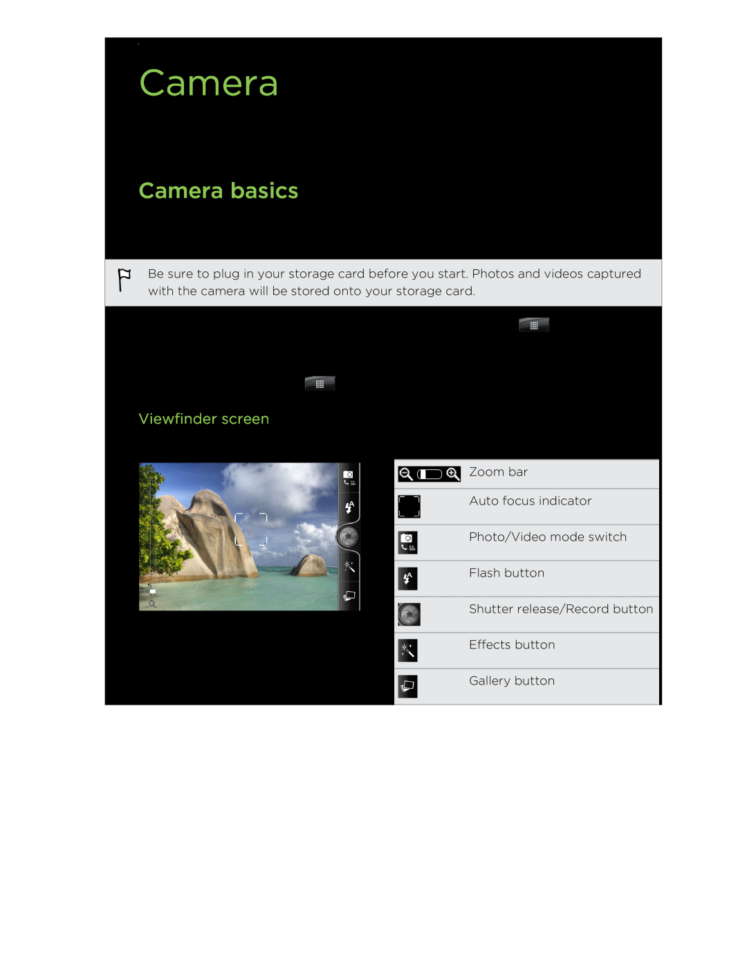 HTC S manual Camera basics, Viewfinder screen 