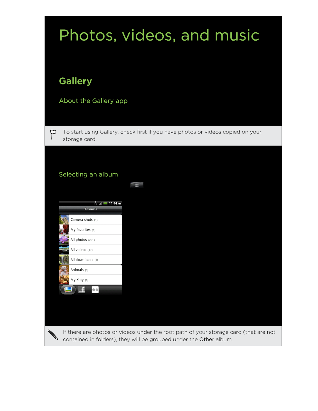 HTC manual Photos, videos, and music, About the Gallery app, Selecting an album 