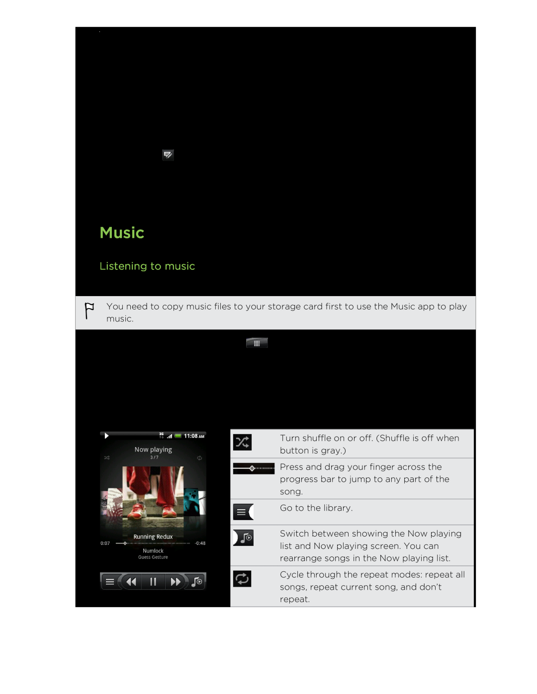 HTC S manual Music, Listening to music 