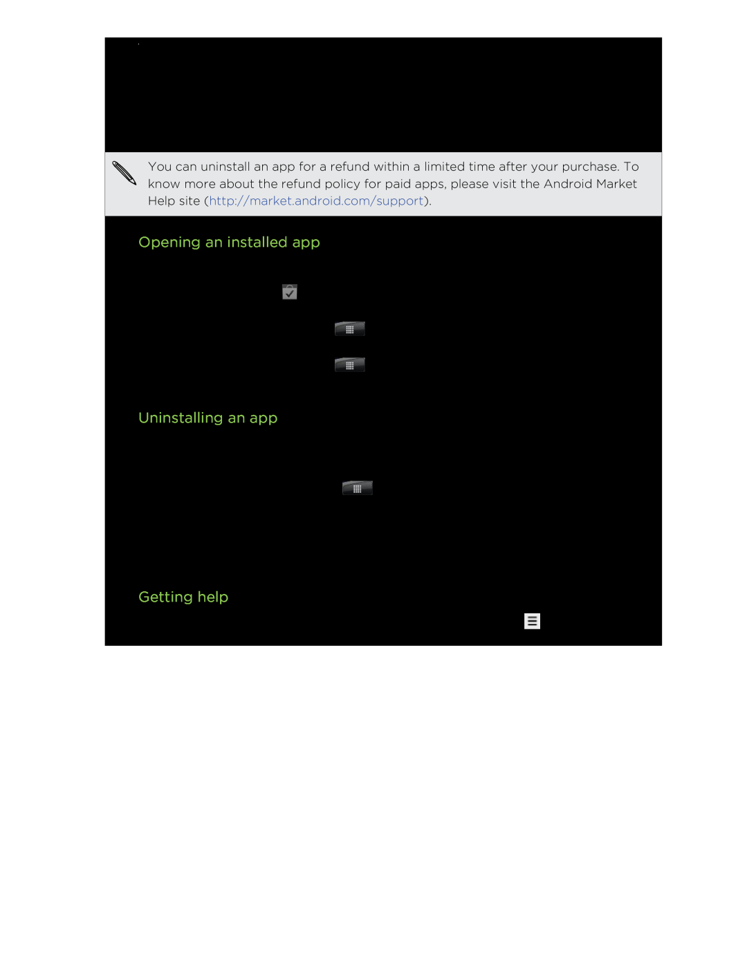 HTC S manual Opening an installed app, Uninstalling an app, Getting help, Market and other apps 