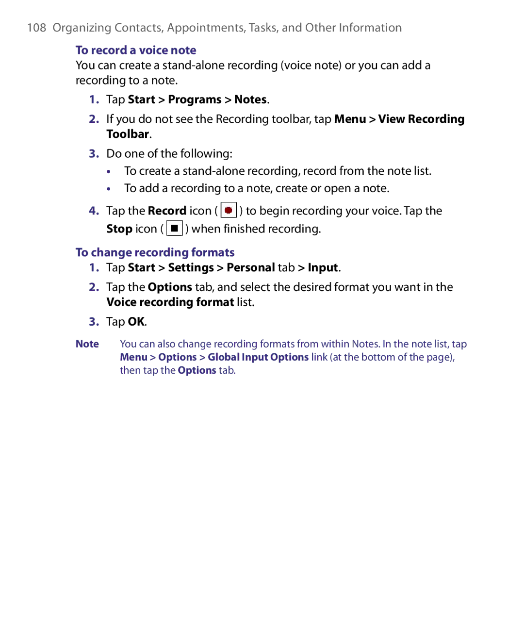 HTC S200, POLA160, HS S168 To record a voice note, To change recording formats, Tap Start Settings Personal tab Input 