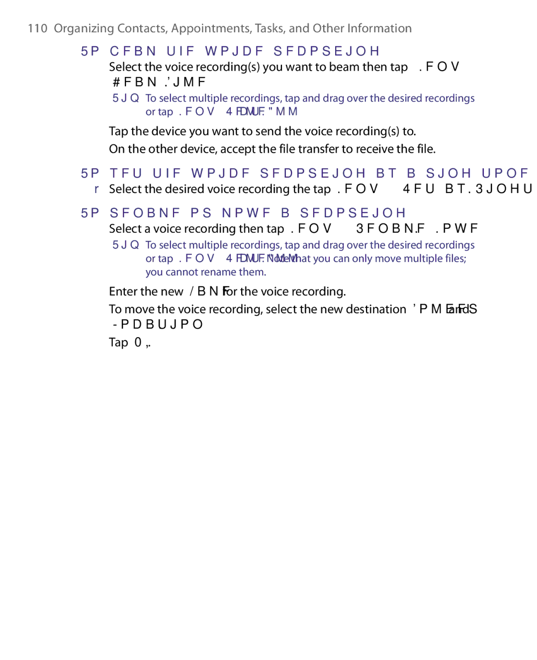 HTC HS S168, S200 To beam the voice recording, To set the voice recording as a ring tone, To rename or move a recording 