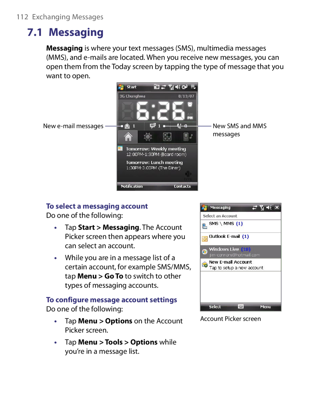 HTC POLA160 Messaging, To select a messaging account, To configure message account settings, Tap Menu Tools Options while 