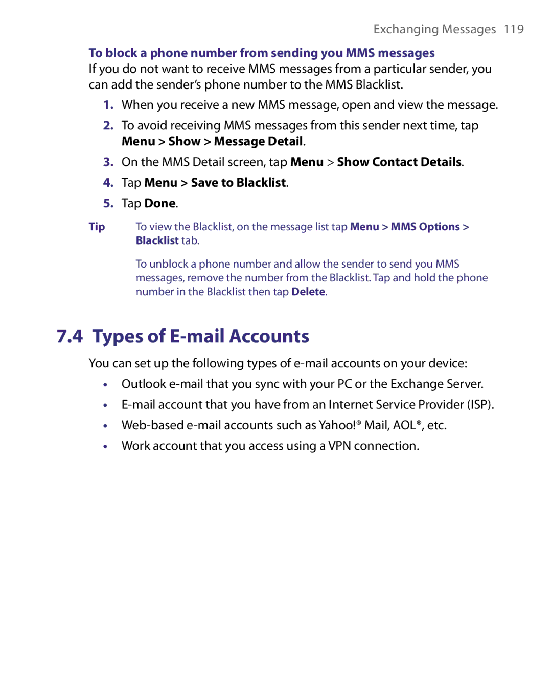 HTC HS S168, S200, POLA160 user manual To block a phone number from sending you MMS messages, Tap Menu Save to Blacklist 