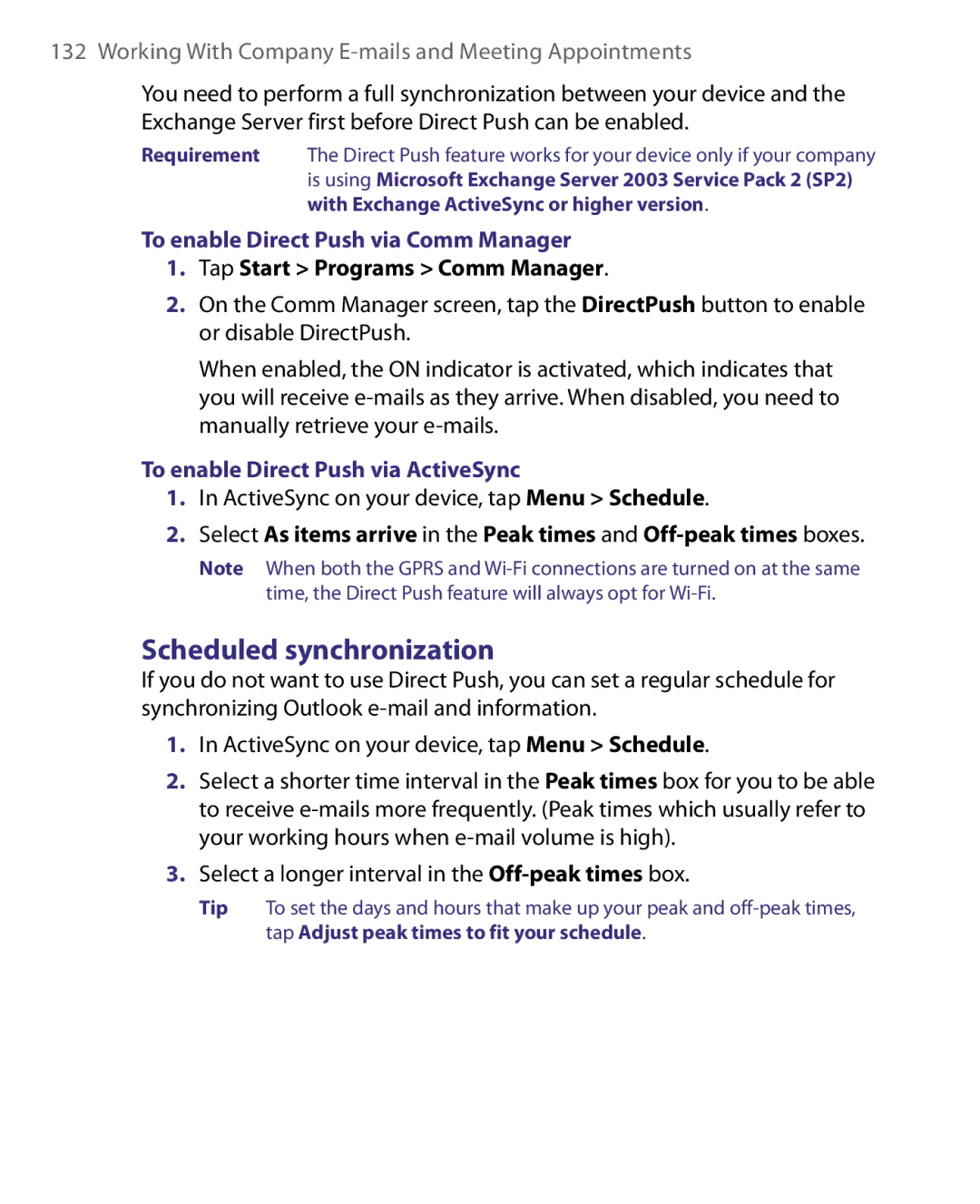 HTC S200, POLA160 Scheduled synchronization, To enable Direct Push via Comm Manager, To enable Direct Push via ActiveSync 