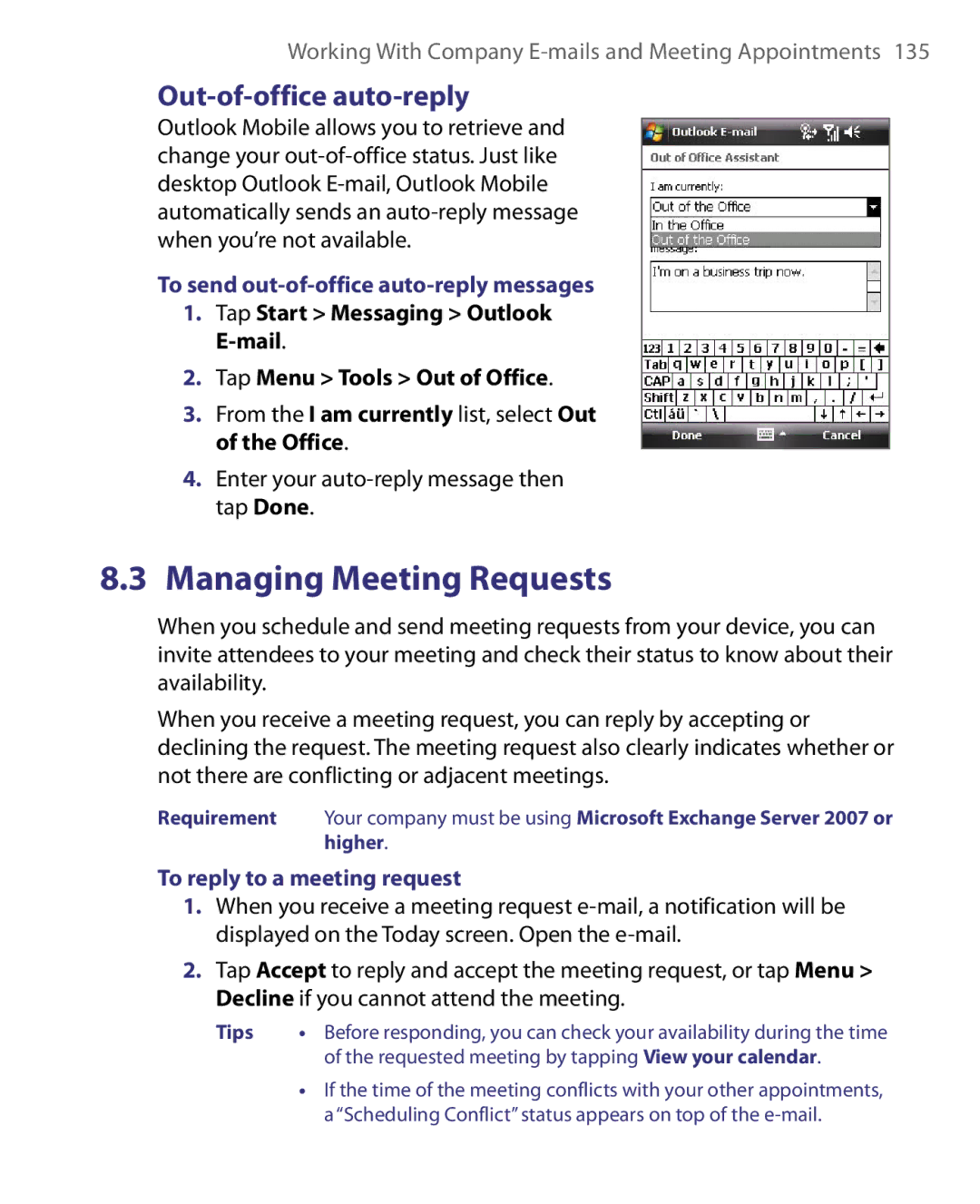 HTC S200, POLA160 Out-of-office auto-reply, To send out-of-office auto-reply messages, To reply to a meeting request 