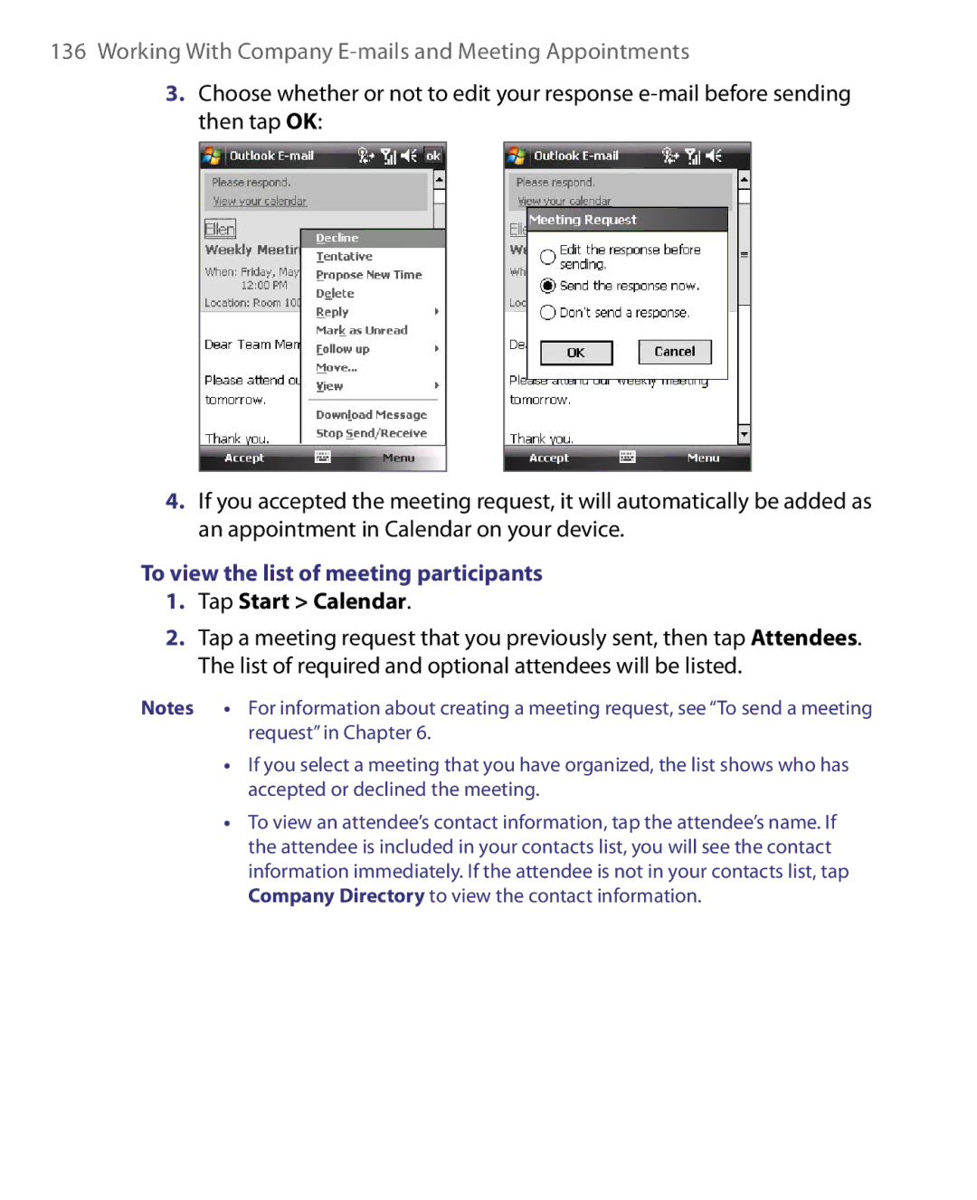 HTC POLA160, S200, HS S168 user manual To view the list of meeting participants, Tap Start Calendar 