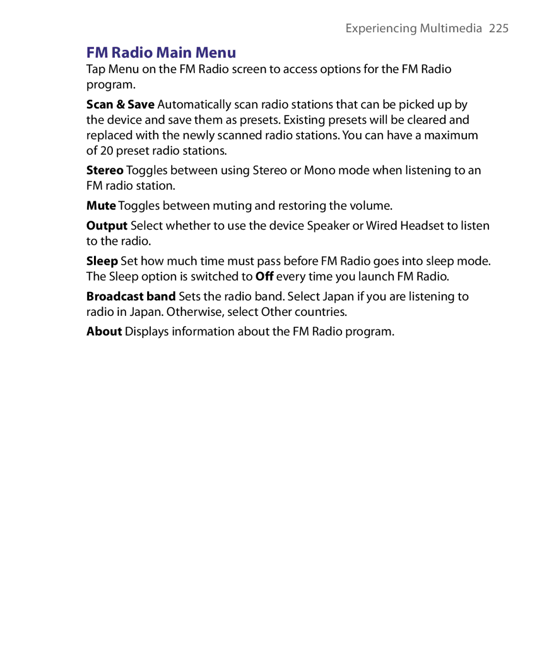 HTC S200, POLA160, HS S168 user manual FM Radio Main Menu 