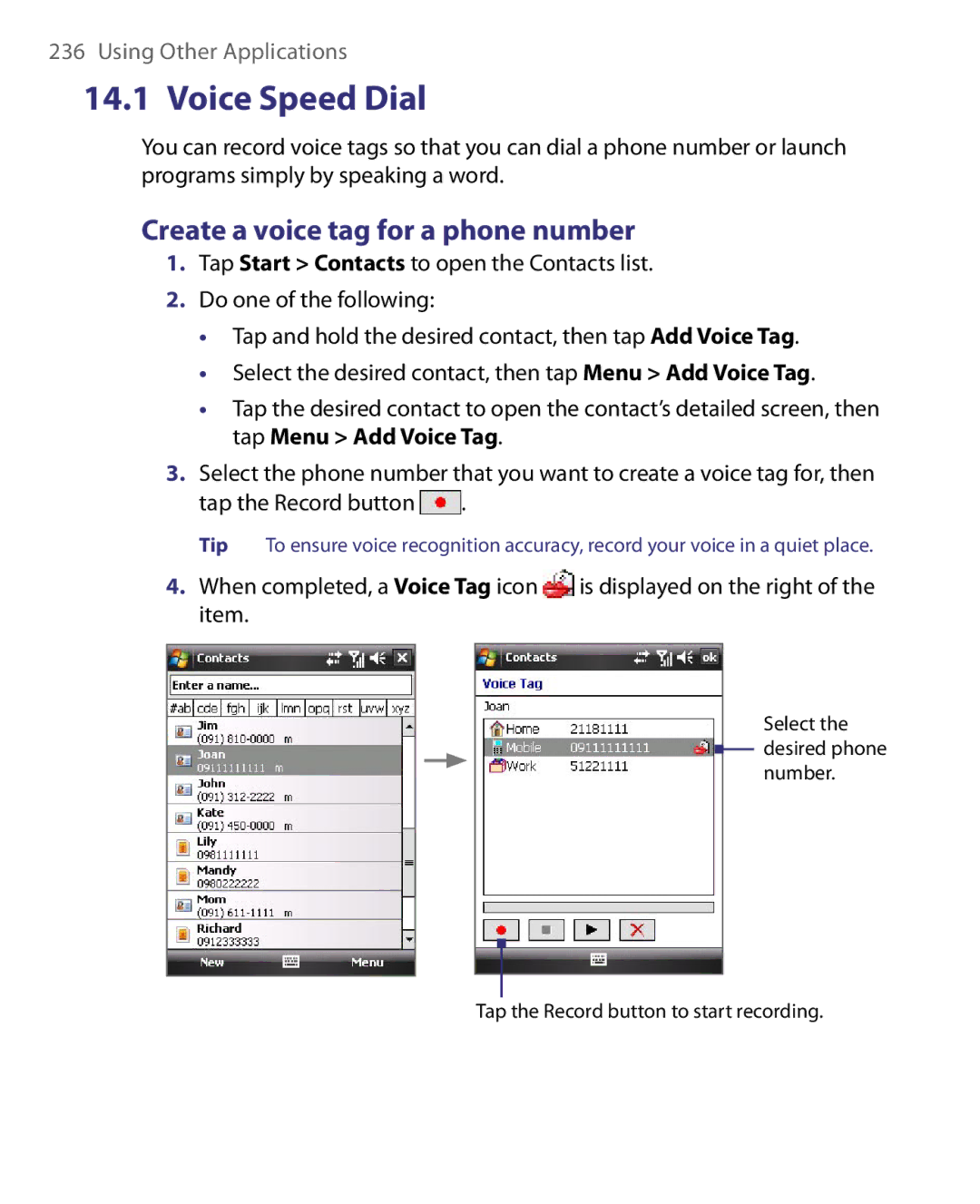 HTC HS S168, S200, POLA160 user manual Voice Speed Dial, Create a voice tag for a phone number 