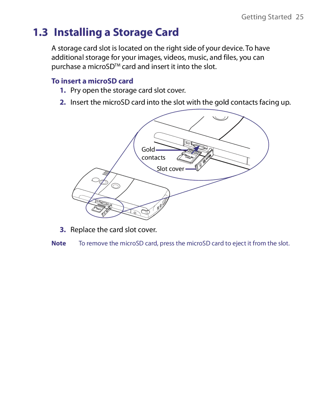 HTC POLA160, S200, HS S168 user manual Installing a Storage Card, To insert a microSD card, Replace the card slot cover 