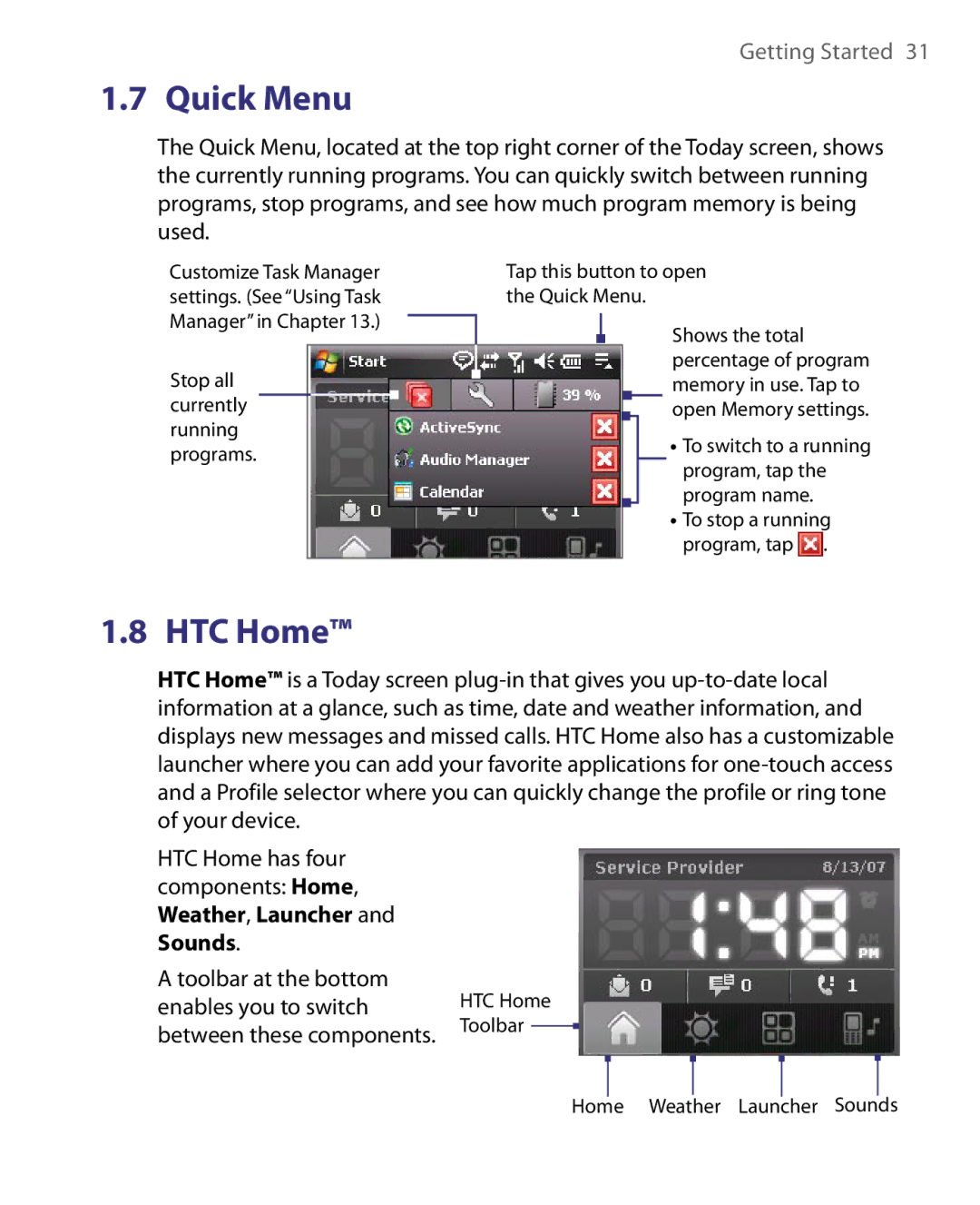 HTC POLA160, S200, HS S168 user manual Quick Menu 