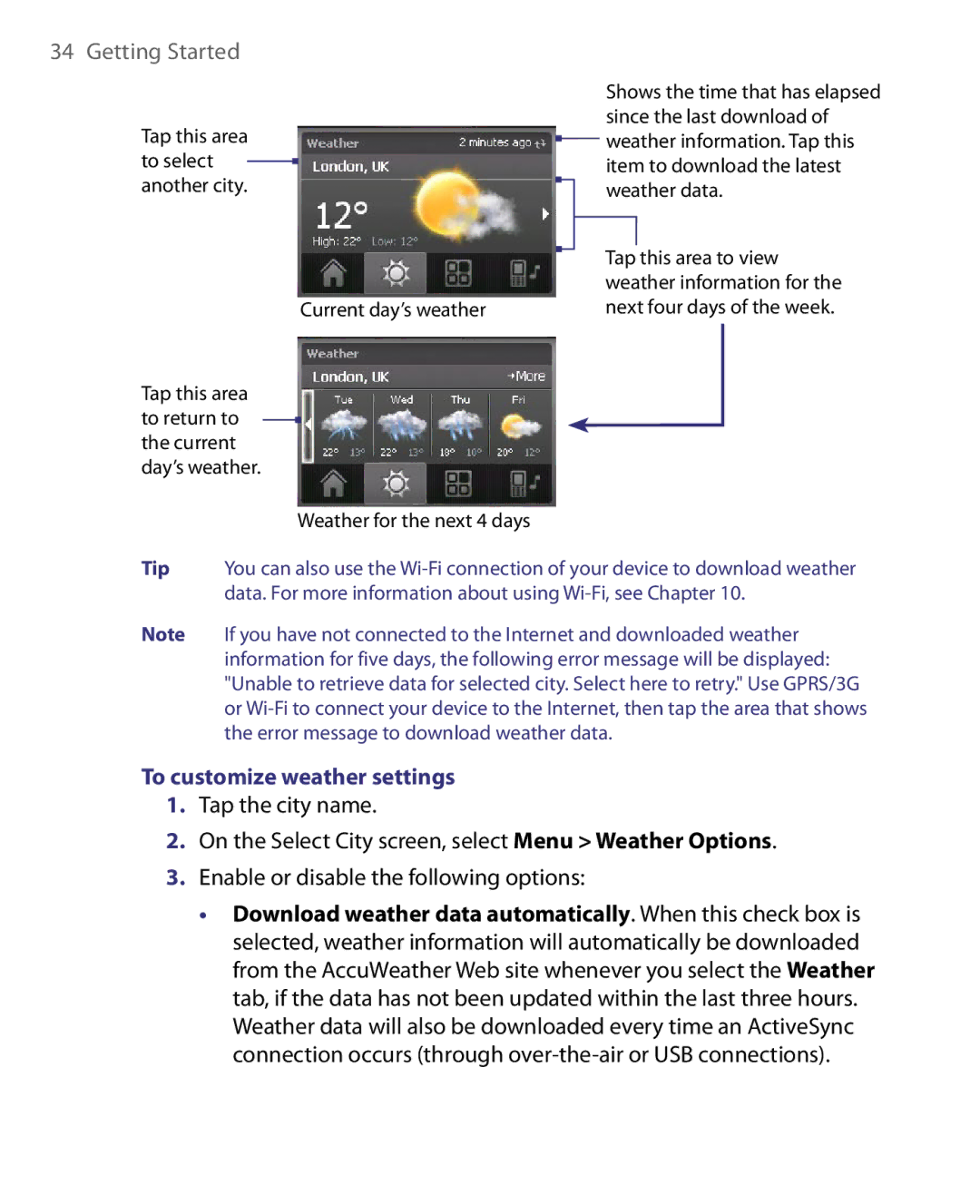 HTC POLA160, S200, HS S168 user manual To customize weather settings 